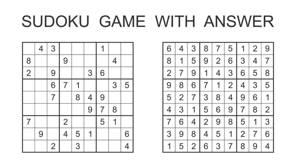 Jogo de Sudoku com resposta. Jogo de quebra-cabeça vetorial com números para crianças e adultos. Ilustração sobre fundo branco . — Vetor de Stock