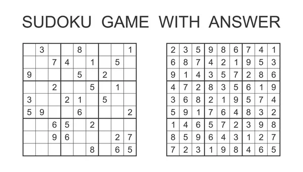 Jogo de Sudoku com resposta. Jogo de quebra-cabeça vetorial com números para crianças e adultos. Ilustração sobre fundo branco . — Vetor de Stock