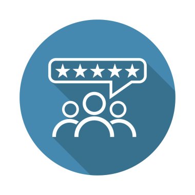 Müşteri değerlendirmeleri, değerlendirme, kullanıcı geribildirim kavramı vektör simgesi. Uzun gölge ile mavi arka plan üzerinde düz illüstrasyon.