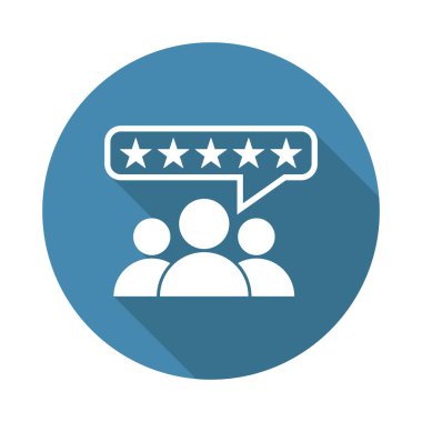 Müşteri değerlendirmeleri, değerlendirme, kullanıcı geribildirim kavramı vektör simgesi. Uzun gölge ile mavi arka plan üzerinde düz illüstrasyon.