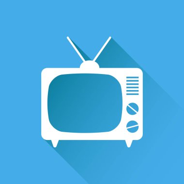 TV simge vektör çizim düz tarzı uzun gölge ile mavi arka plan üzerinde izole. Web sitesi tasarımı, logo, app, UI televizyon simgesi.