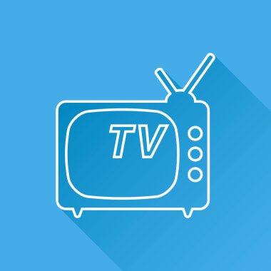 TV simge vektör çizim çizgi stili uzun gölge ile mavi arka plan üzerinde izole içinde. Web sitesi tasarımı, logo, app, UI televizyon simgesi.