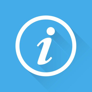 Bilgi simge vektör çizim düz tarzı uzun gölge ile mavi arka plan üzerinde izole. Web sitesi tasarımı, logo, app, UI konuşma simgesi.
