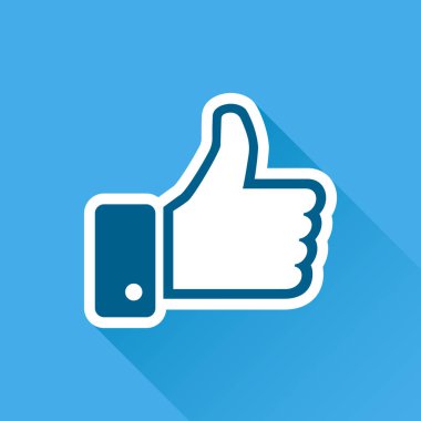 Düz tarzı uzun gölge ile mavi arka plan üzerinde izole simge vektör çizim gibi. Sembol web sitesi tasarımı, logo, app, kullanıcı arabirimi için yukarı başparmak.