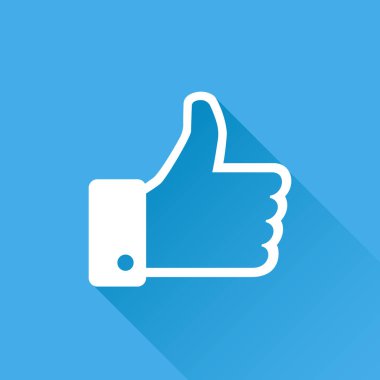 Düz tarzı uzun gölge ile mavi arka plan üzerinde izole simge vektör çizim gibi. Sembol web sitesi tasarımı, logo, app, kullanıcı arabirimi için yukarı başparmak.