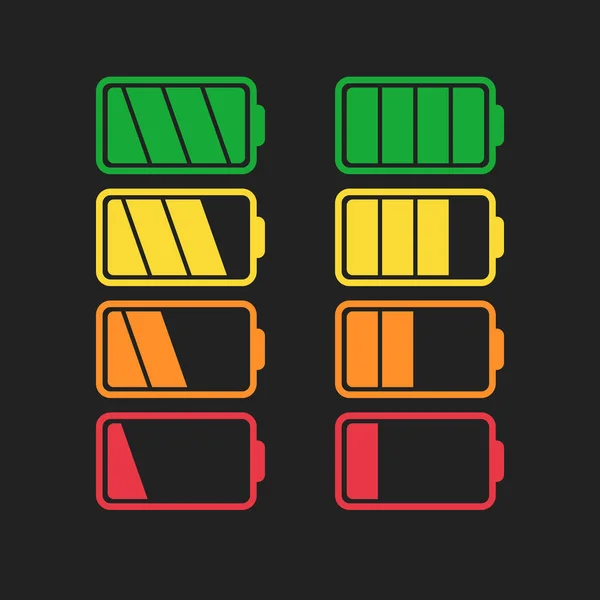 Vektorové ikony baterie Sada izolované na černém pozadí. Symboly baterie, úroveň, plné a nízké. Stupeň baterie moc ploché vektorové ilustrace. — Stockový vektor