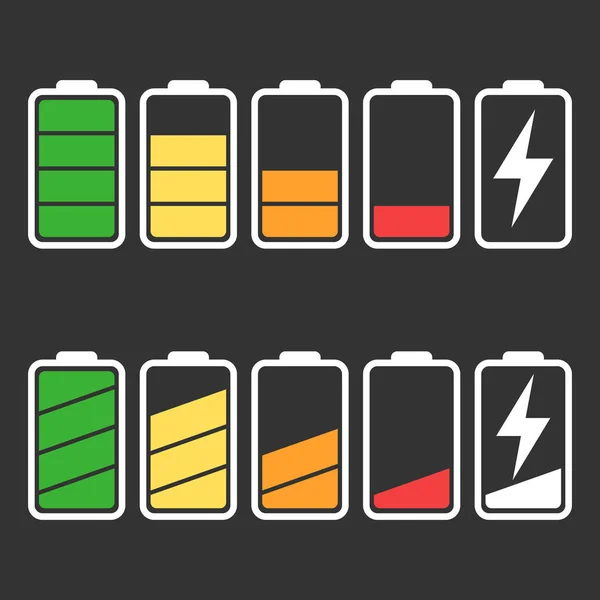Набор иконок аккумулятора изолирован на черном фоне. Символы уровня заряда батареи, полный и низкий. Степень плоской векторной иллюстрации мощности аккумулятора . — стоковый вектор
