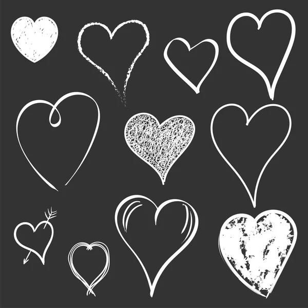 Hearts icon set. Love hand drawn vector illustration on black background. — Stock Vector