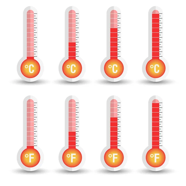 Ícone de termômetros Celsius e Fahrenheit com diferentes níveis. Ilustração vetorial plana isolada sobre fundo branco . —  Vetores de Stock