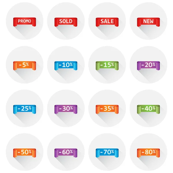 Renkli satış etiketi etiket kümesi. Yüzde 5-80'e kadar indirim. Vektör çizim uzun gölge beyaz zemin üzerine alışveriş. — Stok Vektör