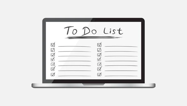 Empresário para fazer lista, checklist com computador portátil. Ver ícone da lista ilustração vetorial plana . — Vetor de Stock