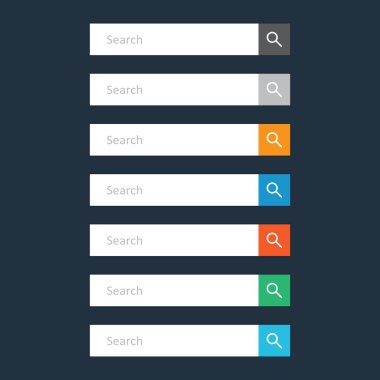 Arama çubuğu alanı. Vektör arabirim öğeleri arama tuşu ile ayarlayın. Koyu mavi zemin üzerine düz vektör çizim.