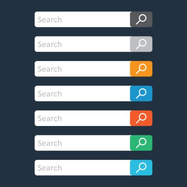 Arama çubuğu alanı. Vektör arabirim öğeleri arama tuşu ile ayarlayın. Koyu mavi zemin üzerine düz vektör çizim.
