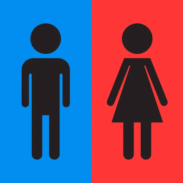 화장실, 화장실 평면 벡터 아이콘 남자와 여자 화장실 파란색과 빨간색 배경에 대 한 서명. — 스톡 벡터