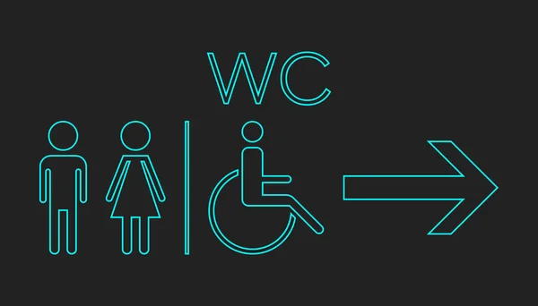 WC, inodoro icono de neón vector. Los hombres y las mujeres firman para el baño sobre fondo negro . — Vector de stock