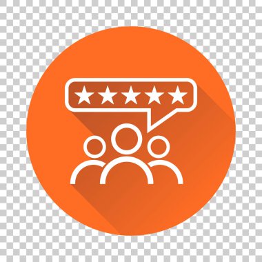 Müşteri değerlendirmeleri, değerlendirme, kullanıcı geribildirim kavramı vektör simgesi. Uzun gölge turuncu zemin üzerine düz illüstrasyon.