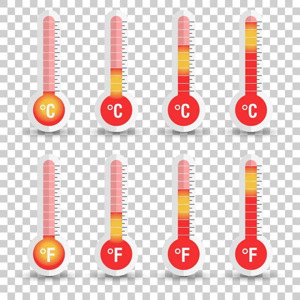 Icono de termómetros Celsius y Fahrenheit con diferentes niveles. Ilustración vectorial plana aislada sobre fondo aislado . — Vector de stock