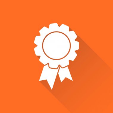 Kurdele simgesi ile rozet. Uzun gölge turuncu zemin üzerine düz stil vektör çizim.