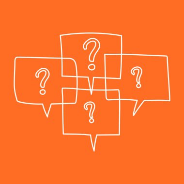 Soru işaretleri düşünce kabarcıkları. El Hat sanatı karikatür vektör çizim turuncu zemin üzerine çekilmiş..