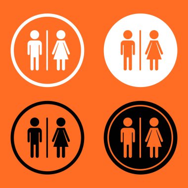 Tuvalet, tuvalet düz vektör simgesi. Erkekler ve kadınlar için tuvalet turuncu zemin üzerine kayıt.