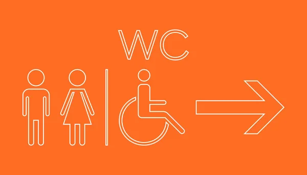 WC, inodoro icono de neón vector. Señal de hombres y mujeres para el baño sobre fondo naranja . — Vector de stock