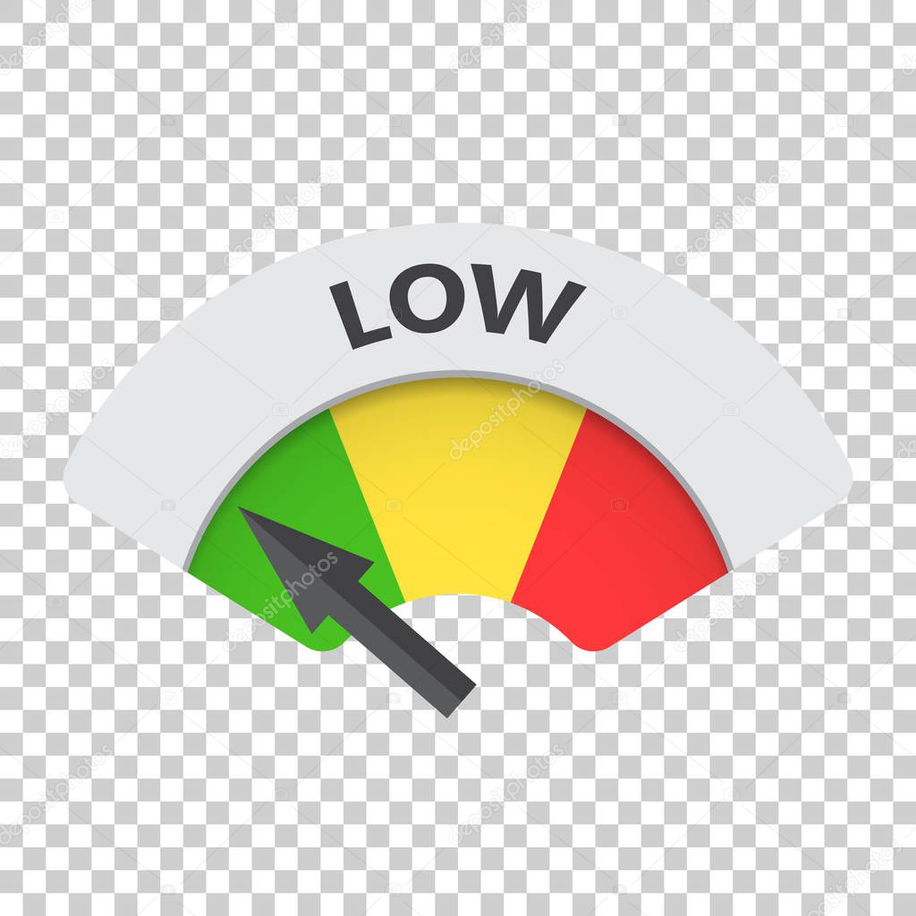 Low level risk gauge vector icon. Low fuel illustration on isolated background.