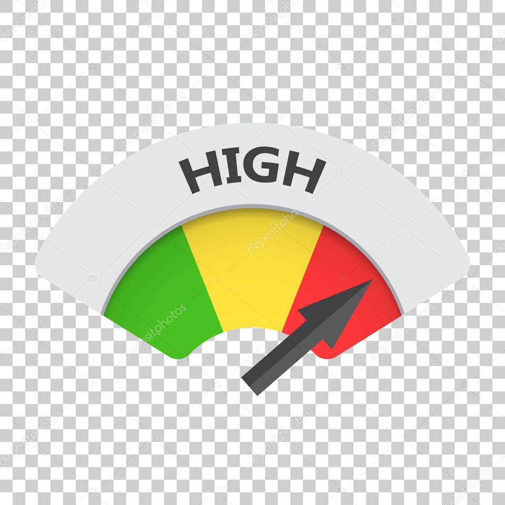 High level risk gauge vector icon. High fuel illustration on isolated background.