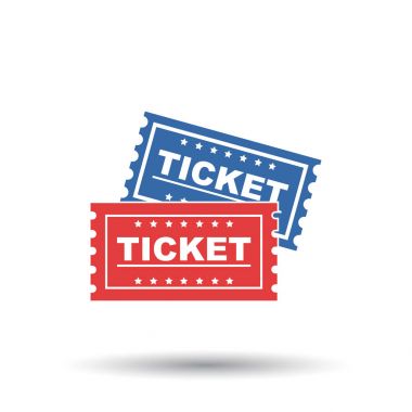 Bilet simgesi. Düz vektör çizim. Beyaz zemin üzerine gölge ile bilet işareti simgesi.