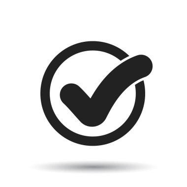 Onay işareti düğme simgesi. Düz vektör çizim. İşareti simgesi beyaz zemin üzerine gölge ile onaylı.