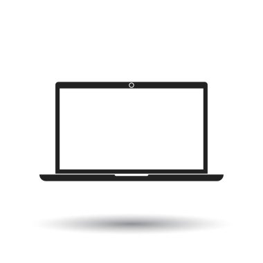 Dizüstü bilgisayar simgesi. Düz vektör çizim. Beyaz zemin üzerine gölge ile dizüstü işareti simgesi.