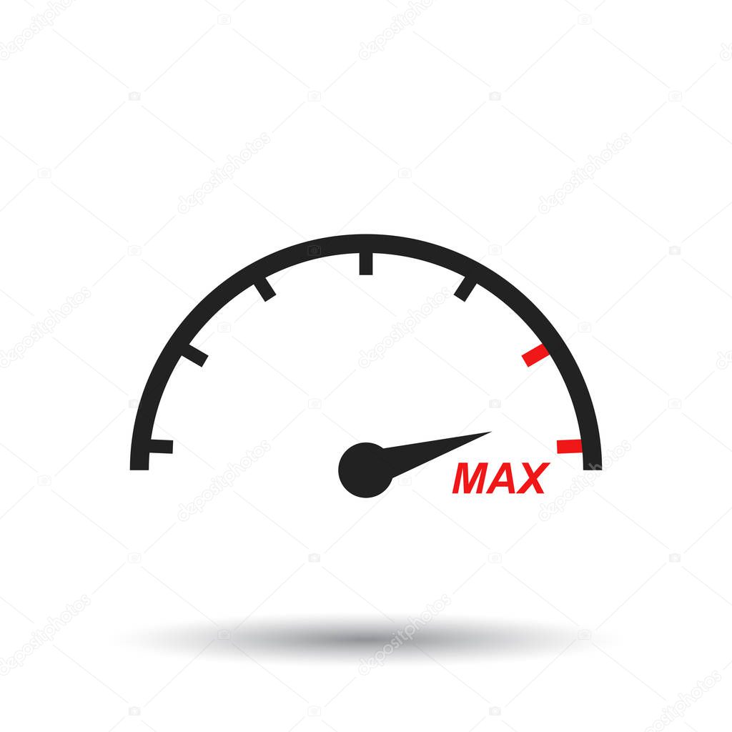 Max speed icon. Flat vector illustration. Speedometer, tachometer sign symbol with shadow on white background.