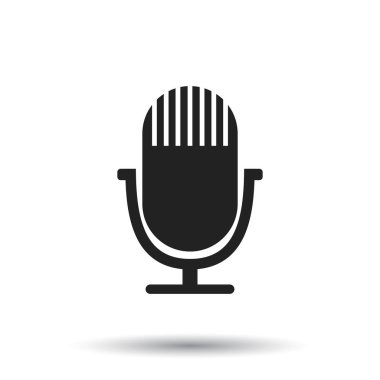 Mikrofon simgesi. Düz vektör çizim. Mikrofon işareti simgesi beyaz zemin üzerine gölge ile.