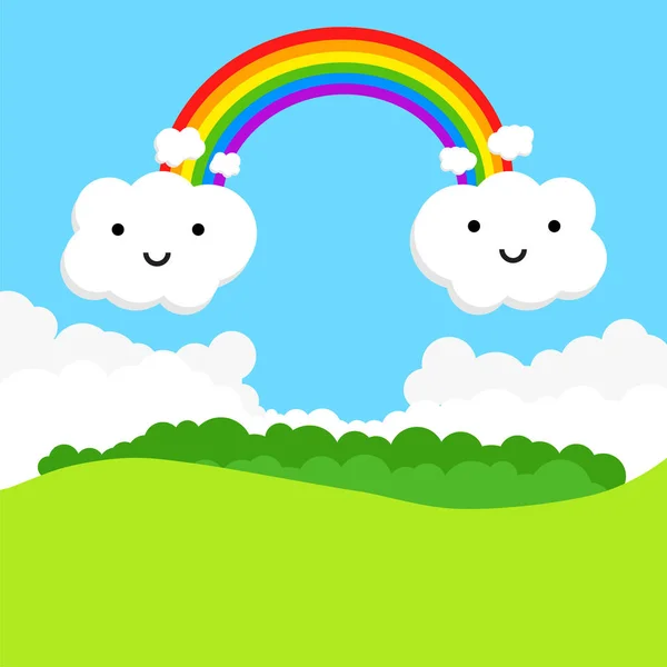 Paisaje con arco iris y nubes divertidas. Ilustración vectorial — Archivo Imágenes Vectoriales