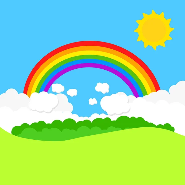 Пейзаж с радугой и солнцем. Векторная иллюстрация — стоковый вектор