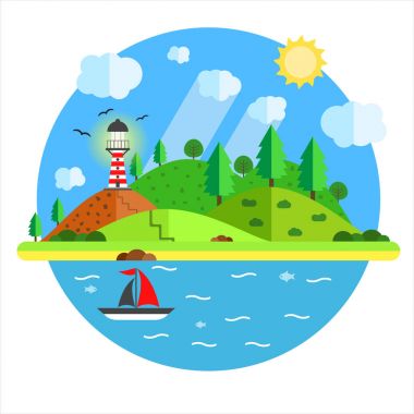 Deniz feneri, tepe, ağaç, dağ, Balık ve yelkenli gemi denize sıfır tatil. Yaz saati tatil yolculuk kavramı. Düz stil çizimde. Arka plan seyahat.