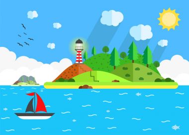 Ada deniz feneri, tepe, ağaç ve yelkenli gemi denize sıfır. Yaz saati tatil yolculuk kavramı. Düz vektör çizim. Arka plan seyahat.