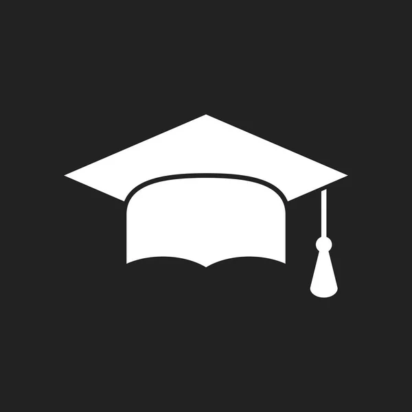 Ícone de design plano tampa de graduação. Termine o símbolo de educação. Elemento de celebração do dia de formatura no fundo preto . — Vetor de Stock
