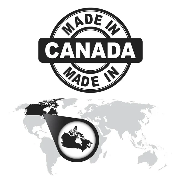 Hergestellt in Kanada Marke. Weltkarte mit Zoom auf Land. Vektor-Emblem im flachen Stil auf weißem Hintergrund. — Stockvektor