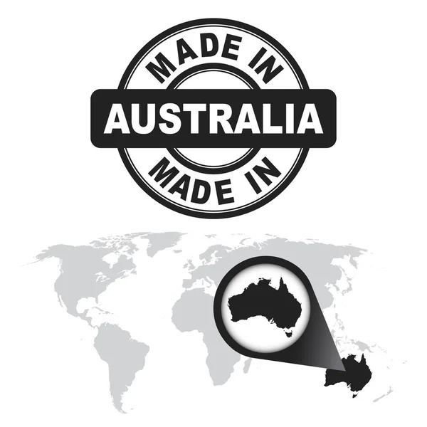 Made in Australia stamp. World map with zoom on country. Vector emblem in flat style on white background. — Stock Vector