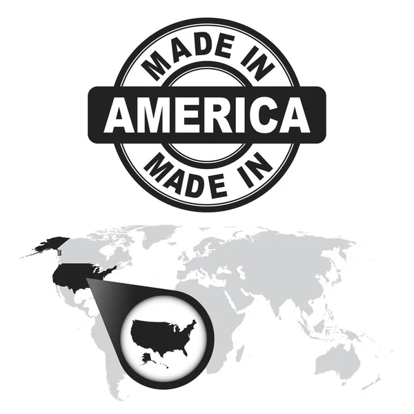 Hecho en América, sello de Estados Unidos. Mapa del mundo con zoom en el país. emblema vectorial en estilo plano sobre fondo blanco . — Archivo Imágenes Vectoriales