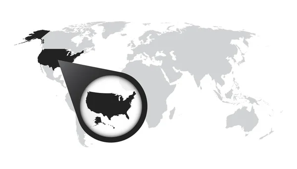 Carte du monde avec zoom sur Usa. Carte de l'Amérique en loupe. Illustration vectorielle en style plat — Image vectorielle