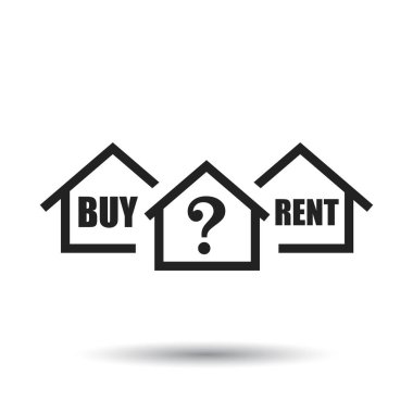 Satın almak ya da ev kiralamak. Soru ile siyah ev sembolü. Beyaz arka plan üzerinde düz stil vektör çizim.
