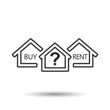 Satın alma ve çizgi stili ev kiralama arasında seçim kavramı. Siyah ev simgesini bir soru. Beyaz arka plan üzerinde düz stil vektör çizim.