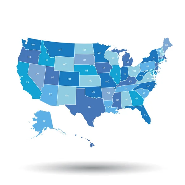 Mapa detalhado dos EUA com estados federais. Ilustração vetorial Estados Unidos da América na cor azul . — Vetor de Stock