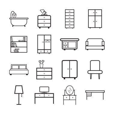 Mobilya Icons set. Beyaz arka plan üzerinde düz vektör çizim. Web tasarımı için evrensel simgesi.