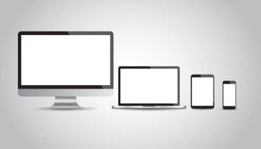 Gerçekçi aygıt düz simgeler: akıllı telefon, tablet, dizüstü bilgisayar ve masaüstü bilgisayar. Vektör çizim