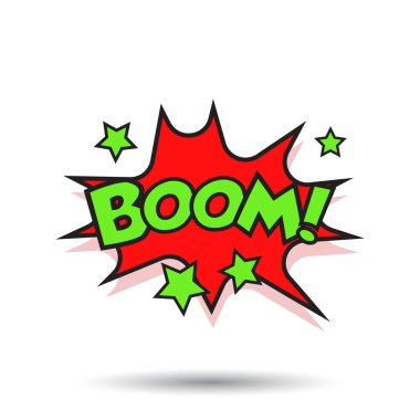 Boom komik ses efektleri. Vektör çizim ses kabarcık konuşma word ve komik karikatür ifade ile geliyor.