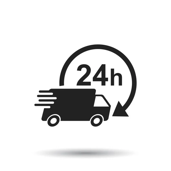Entrega 24h camión con ilustración vector de reloj. 24 horas de entrega rápida icono de envío del servicio. Pictograma plano simple para negocios, marketing o concepto de Internet de aplicaciones móviles — Vector de stock