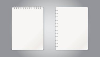 Gerçekçi şablon sarmal ile not etmek. Boş kapak tasarımı. Okul iş günlüğü. Ofis Kırtasiye defter gri arka plan üzerinde