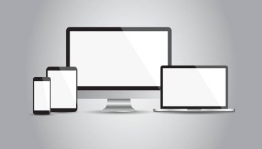 Gerçekçi aygıt düz simgeler: akıllı telefon, tablet, dizüstü bilgisayar ve masaüstü bilgisayar. Vektör çizim gri arka plan üzerinde
